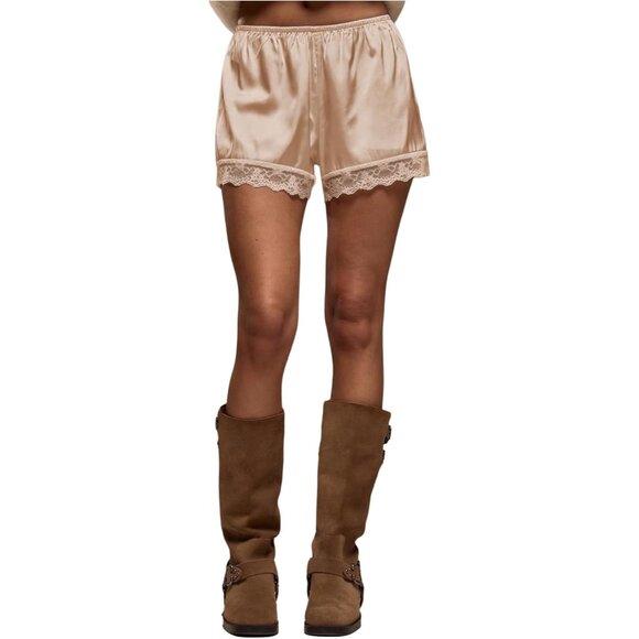 Pants - Women's Lace Trim Satin Shorts Shiny Elastic Waist Mini Shorts French Knickers